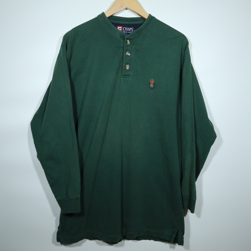 Chaps Ralph Lauren Henley Shirt Medium Green Vintage 90s Crest Logo
